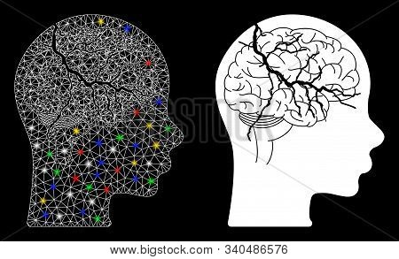 Glowing Mesh Brain Carcinoma Icon With Glare Effect. Abstract Illuminated Model Of Brain Carcinoma. 