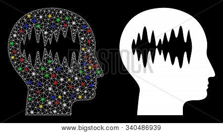 Bright Mesh Brain Waves Icon With Glow Effect. Abstract Illuminated Model Of Brain Waves. Shiny Wire
