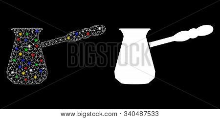 Bright Mesh Coffee Cezve Icon With Glitter Effect. Abstract Illuminated Model Of Coffee Cezve. Shiny