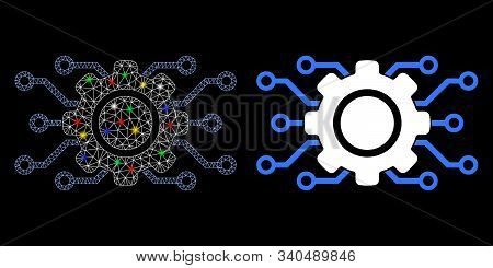 Glossy Mesh Electronic Gearwheel Icon With Glitter Effect. Abstract Illuminated Model Of Electronic 