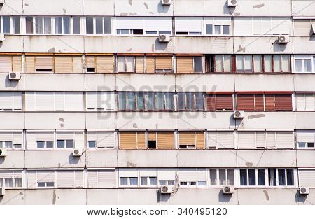 Communist Socialist Architecture. Architectural Detail And Pattern Of Social Residential Of Apartmen