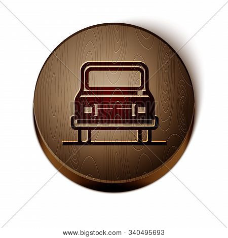 Brown Line Car Icon Isolated On White Background. Front View. Wooden Circle Button. Vector Illustrat