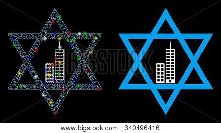 Glossy Mesh Jerusalem Star Icon With Glow Effect. Abstract Illuminated Model Of Jerusalem Star. Shin