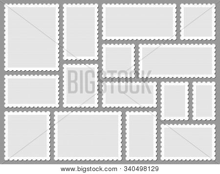 Postcard Stamp Frames. Blank Postage Stamps, Empty Postmark And Square Mark Frame Border Vector Set.