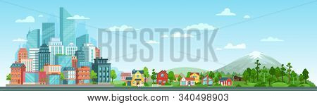 Urban And Nature Landscape. Modern City Buildings, Suburban Houses And Wild Forest Vector Illustrati