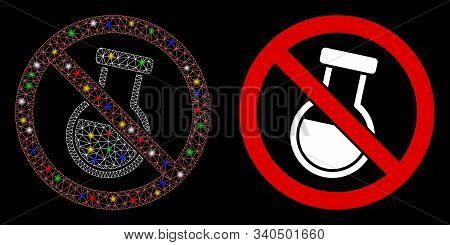 Glowing Mesh No Chemical Retort Icon With Glare Effect. Abstract Illuminated Model Of No Chemical Re