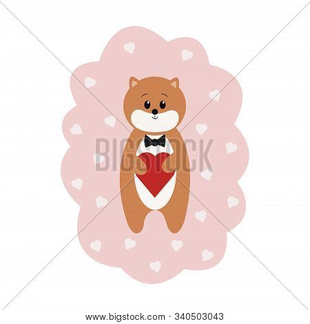 Greeting Card With A Cute Bear And Hearts. Vector Illustration.
