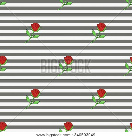 Seamless Pattern With Red Roses On A White And Grey Background. Vector.