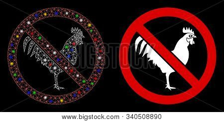 Flare Mesh No Rooster Icon With Glare Effect. Abstract Illuminated Model Of No Rooster. Shiny Wire F