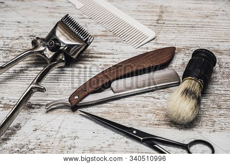Vintage Barber Tools Dangerous Razor Hairdressing Scissors Old Manual Clipper Comb Shaving Brush