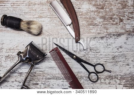 Vintage Barber Tools Dangerous Razor Hairdressing Scissors Old Manual Clipper Comb Shaving Brush. Ol
