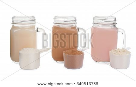 Protein Shakes And Different Types Of Powder Isolated On White