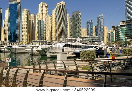 Dubai / Uae - November 11, 2019: Dubai Marina And Jbr District With Many Skyscrapers And White Beaut