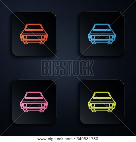 Color Neon Line Car Icon Isolated On Black Background. Front View. Set Icons In Colorful Square Butt
