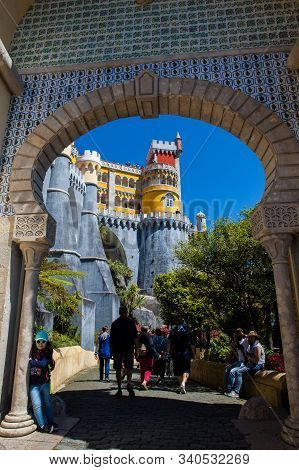 Sintra, Portugal - May, 2018: Tourists Visiting The Pena Palace A Romanticist Castle Located In Sao 