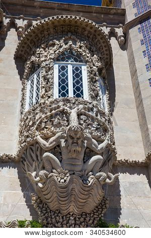 Sintra, Portugal - May, 2018: Detail Of The Architecture Of The Pena Palace A Romanticist Castle Loc