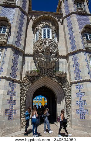 Sintra, Portugal - May, 2018: Tourists Visiting The Pena Palace A Romanticist Castle Located In Sao 