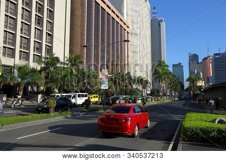 Manila, Philippines - November 28, 2017: Traffic Along Makati Avenue In Makati City, Metro Manila, P