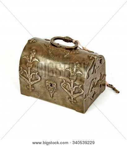 Antique Iron Chest Box Isolate On White Background, Vintage Style.