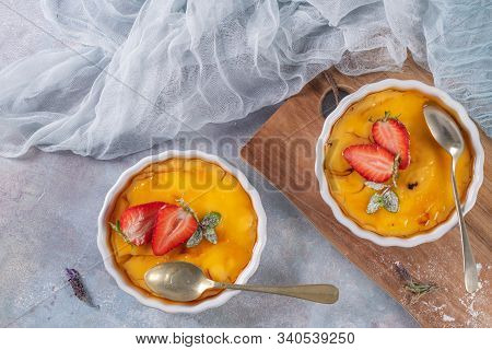 Creme Brulee - Traditional French Vanilla Cream Dessert With Caramelised Sugar On Top. Leite Creme, 