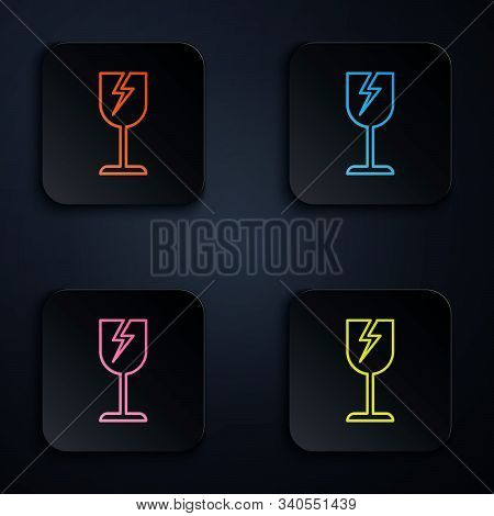 Color Neon Line Fragile Broken Glass Symbol For Delivery Boxes Icon On Black Background. Set Icons I