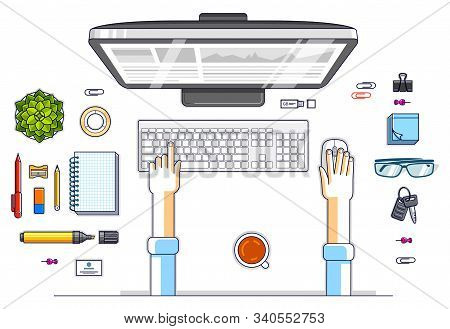 Office Worker Or Entrepreneur Working On A Pc Computer, Top View Of Workspace Desk With Human Hands