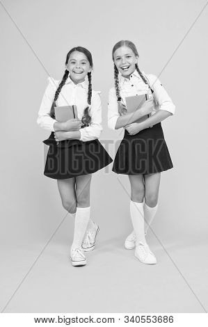 Friendship Goals. Cute School Girls With Books. First Day At School. Kids Best Friends Classmates. S