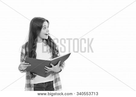 Writing Making Notes. School Routine. Educational Process. Little Girl With Writing Pad. Cute Small 