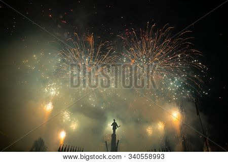Fireworks in Cluj-Napoca, Romania. Romania celebrating national day on December 1.