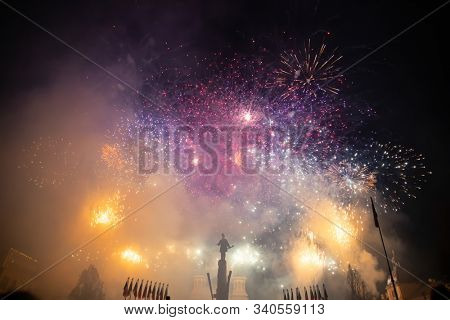 Fireworks in Cluj-Napoca, Romania. Romania celebrating national day on December 1.