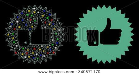 Glowing Mesh Approval Rosette Icon With Glitter Effect. Abstract Illuminated Model Of Approval Roset