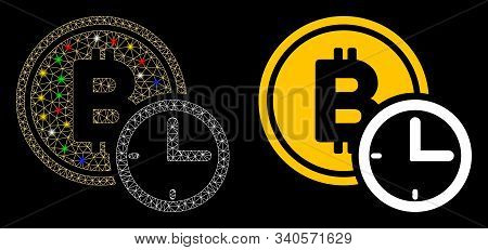 Glossy Mesh Bitcoin Credit Time Icon With Lightspot Effect. Abstract Illuminated Model Of Bitcoin Cr