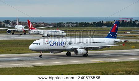 Istanbul, Turkey - Sep 30, 2018. Tc-oeb Onur Air Airbus A321 Taxiing On Runway Of Istanbul Ataturk A