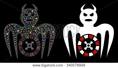 Glossy Mesh Roulette Spectre Devil Icon With Glare Effect. Abstract Illuminated Model Of Roulette Sp