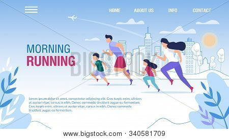 Morning Family Running Motivating Trendy Flat Landing Page. Cartoon Father, Mother, Son And Daughter