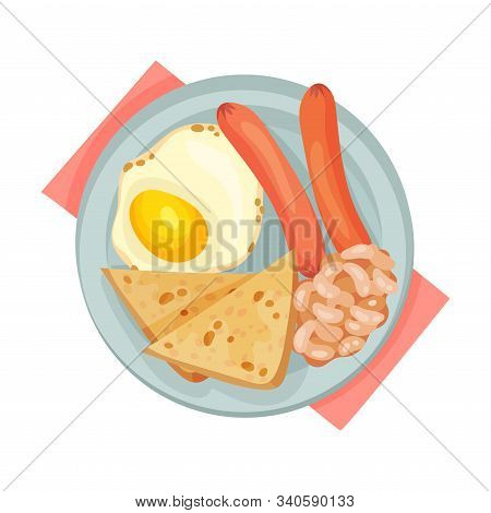 Scrambled Egg Served On Plate With Sausages And Frigole Vector Illustration