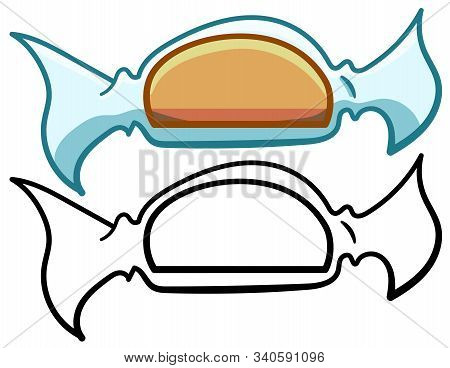 Orange Candy In Transparent Wrapper In Colored And Line Versions On White Background