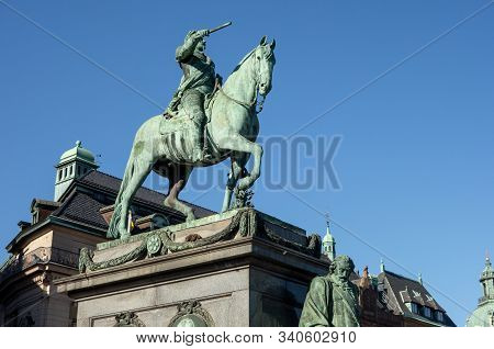 Gustav Ii Adolf Statue At Gustaf Adolfs Torg Town Square At Stockholm, Sweden In Late Afternoon Sun.