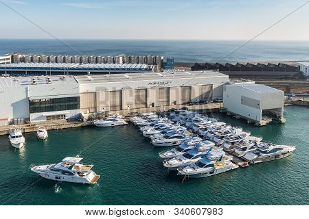 Savona, Italy - December 1, 2018: View Of The Yachts Moored In The Port Of Savona, Liguria, Mediterr