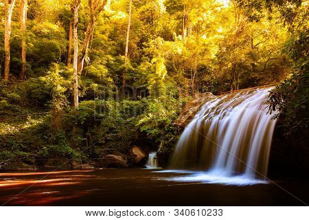 Beautiful Waterfall With Sunlight In Jungle, Haew Suwat Waterfall