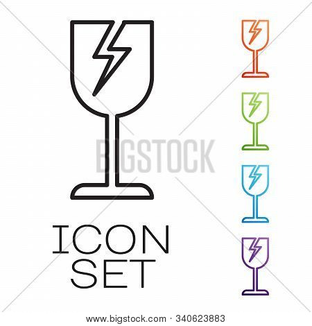 Black Line Fragile Broken Glass Symbol For Delivery Boxes Icon Isolated On White Background. Set Ico