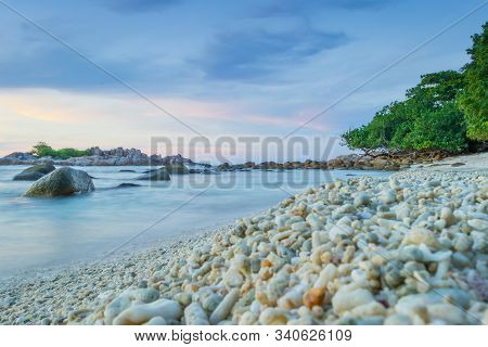 Empty And Tranquil Beach On The Malaysian Tropical Paradise Perhentian Islands During Sunset
