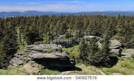 Mountain Forest Trees With Huge Stones In The Foreground, Peak Vozka (1377), Jeseniky, Czech Republi