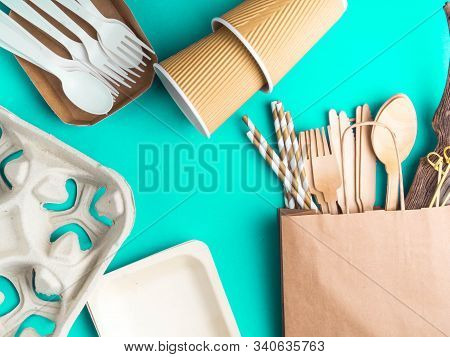 Eco Friendly Wooden And Paper Cutlery, Biodegradable, Disposable Kitchenware Of Natural Materials. E