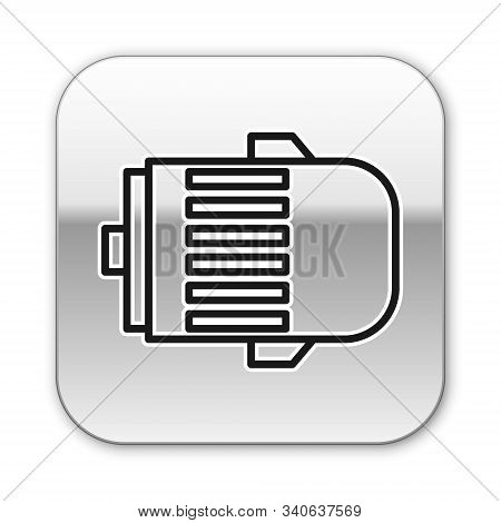 Black Line Electric Engine Icon Isolated On White Background. Car Alternator. Silver Square Button. 