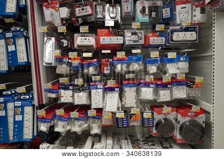 Selection Of Extension 3 Pin Plug Socket Wire On Supermarket. Many Adapter Power Plug Or Extension C