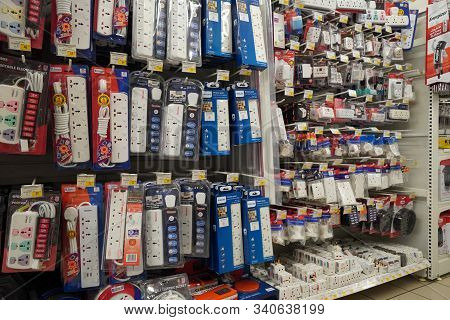 Selection Of Extension 3 Pin Plug Socket Wire On Supermarket. Many Adapter Power Plug Or Extension C