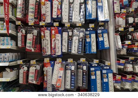 Selection Of Extension 3 Pin Plug Socket Wire On Supermarket. Many Adapter Power Plug Or Extension C