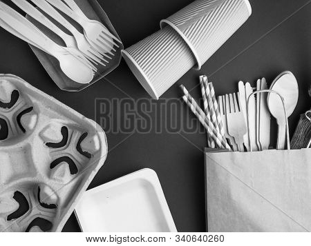 Eco Friendly Wooden And Paper Cutlery, Biodegradable, Disposable Kitchenware Of Natural Materials. E
