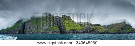Vestmanna Cliffs Super Wide Panorama In The Faroe Islands